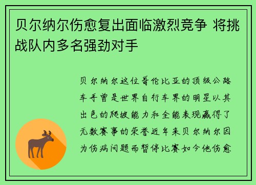 贝尔纳尔伤愈复出面临激烈竞争 将挑战队内多名强劲对手